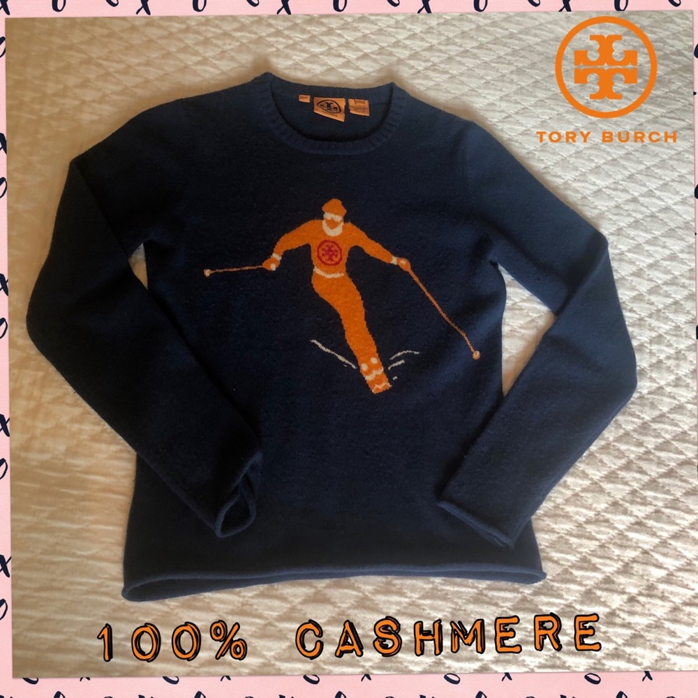 100% Cashmere Tory Burch Ski Sweater Blue Small